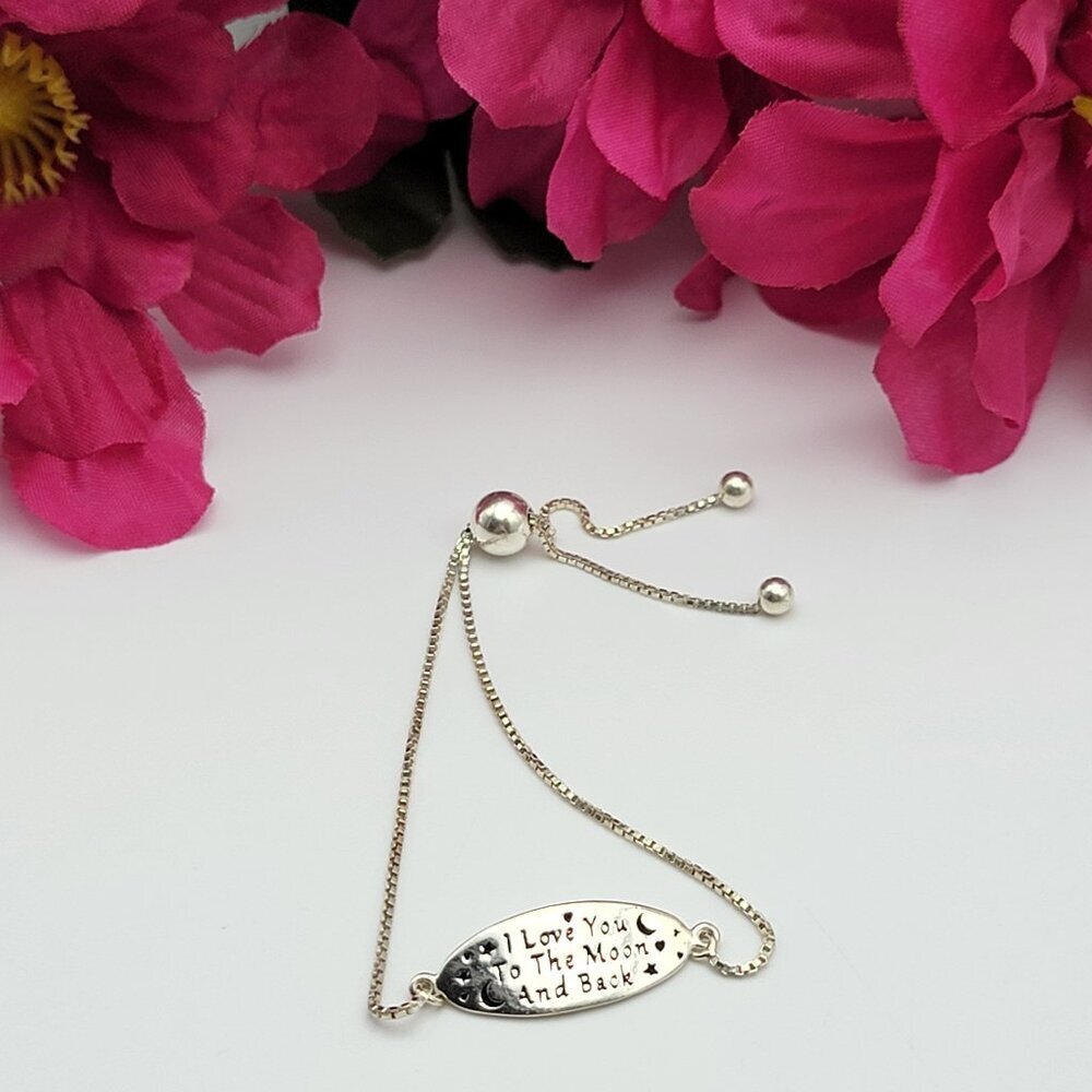 I Love You To The Moon And Back Inspirational Sterling Silver Slider Bracelet